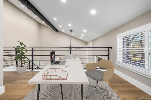 office area featuring lofted ceiling with beams and light hardwood / wood-style floors