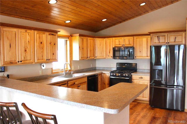 kitchen featuring vaulted ceiling, dark hardwood / wood-style flooring, black appliances, kitchen peninsula, and sink