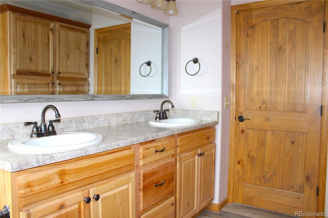 bathroom with hardwood / wood-style floors and vanity