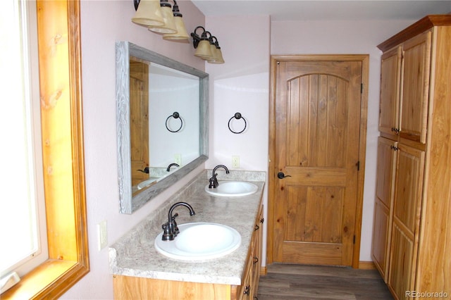 bathroom featuring vanity and hardwood / wood-style flooring