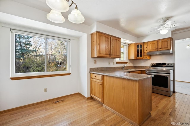 kitchen with pendant lighting, stainless steel electric range, light hardwood / wood-style floors, and sink