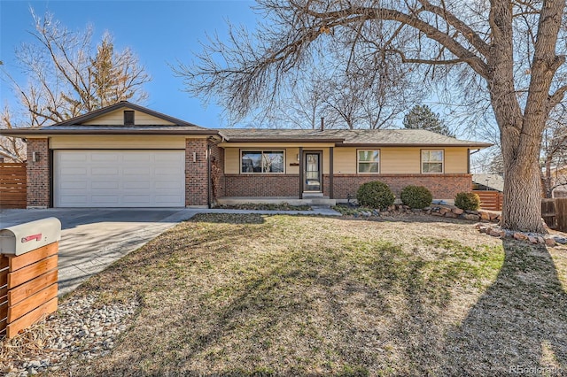 ranch-style home with an attached garage, driveway, fence, and brick siding