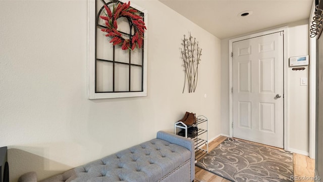 foyer entrance featuring baseboards and wood finished floors