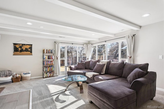 carpeted living area with recessed lighting, beamed ceiling, and baseboards