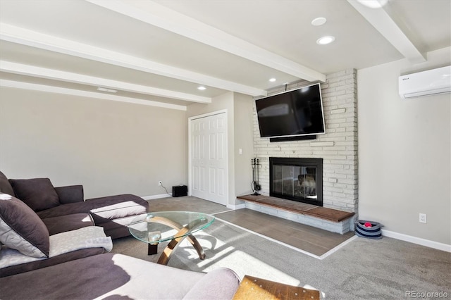 living room featuring a brick fireplace, baseboards, an AC wall unit, and beamed ceiling