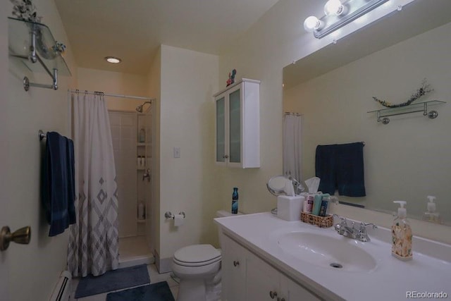 bathroom with curtained shower, baseboard heating, tile patterned flooring, toilet, and vanity