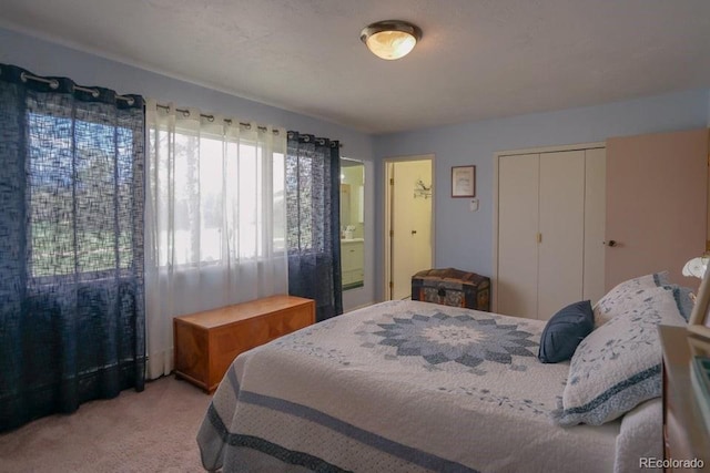 carpeted bedroom featuring connected bathroom