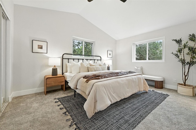 11635 W Security Ave, Lakewood, CO 80401 - bedroom with light colored carpet, vaulted ceiling, and ceiling fan