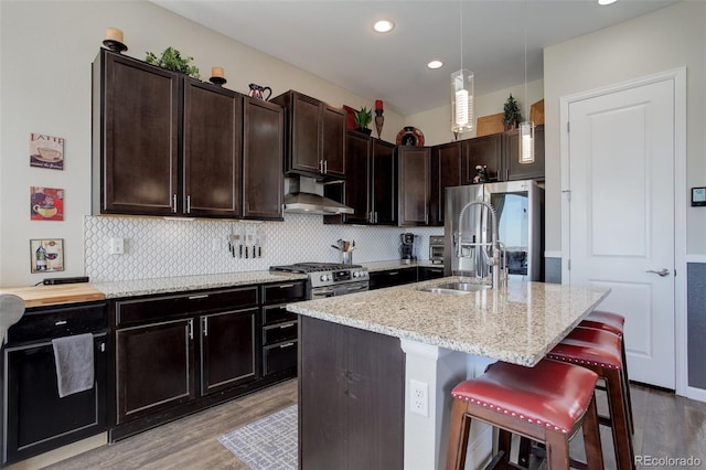 kitchen with exhaust hood, a sink, light stone counters, light wood finished floors, and stainless steel appliances