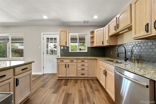 971 Ursula St, Aurora, CO 80011 - kitchen with dishwasher, light brown cabinetry, a sink, dark wood-style floors, and recessed lighting