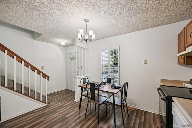 4220 Hunting Meadows Cir, Colorado Springs, CO 80916 - dining room featuring a chandelier, a textured ceiling, dark wood-style floors, and stairway