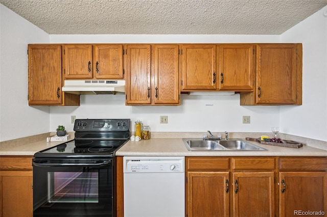 4220 Hunting Meadows Cir, Colorado Springs, CO 80916 - kitchen with black electric range, white dishwasher, under cabinet range hood, a textured ceiling, and light countertops