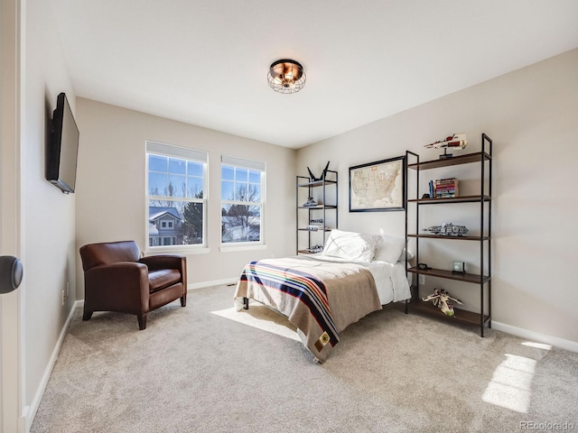 bedroom with light colored carpet