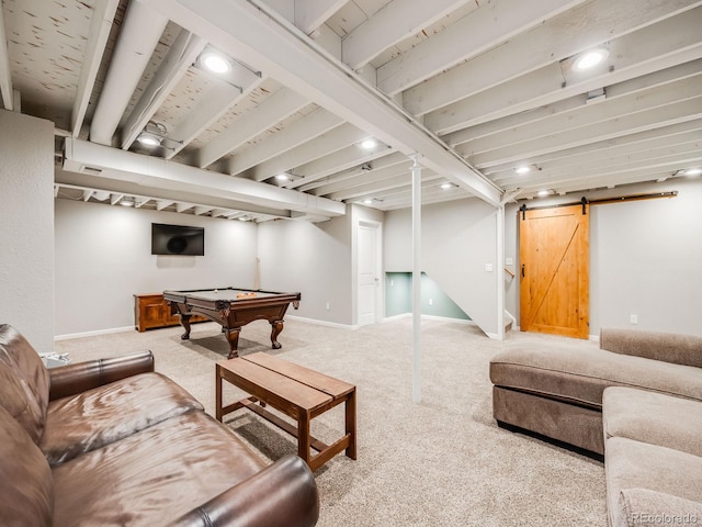 recreation room featuring pool table, a barn door, and light carpet