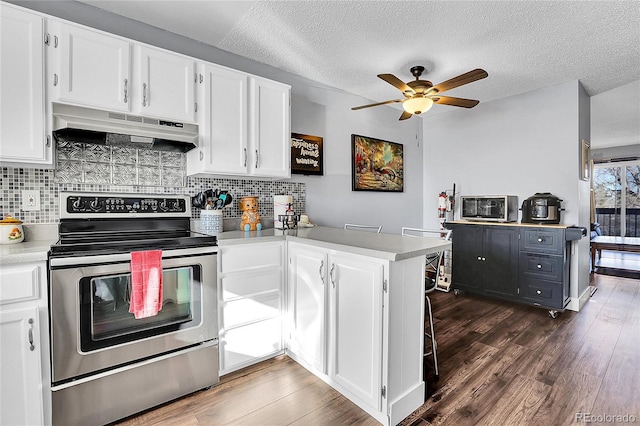 kitchen featuring white cabinets, stainless steel electric range, kitchen peninsula, and exhaust hood