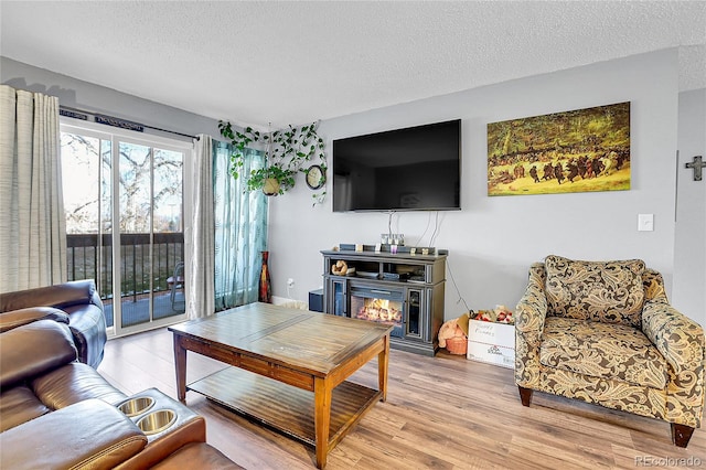 living room featuring light hardwood / wood-style floors and a textured ceiling