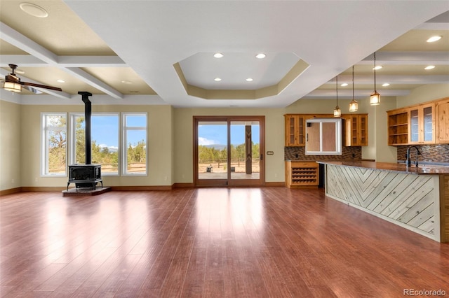 491 Newlin Ridge Rd, Florence, CO 81226 - unfurnished living room featuring a wood stove, dark wood-style floors, baseboards, a ceiling fan, and recessed lighting