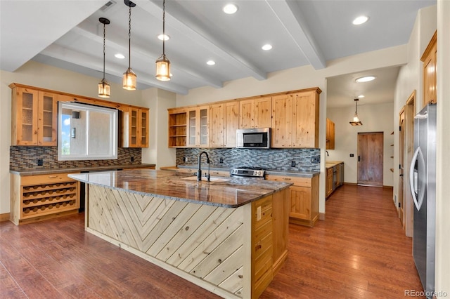 491 Newlin Ridge Rd, Florence, CO 81226 - kitchen with stainless steel appliances, dark wood finished floors, a kitchen island with sink, a sink, and backsplash