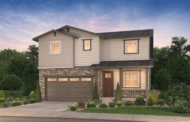view of front facade with stone siding, driveway, and a garage