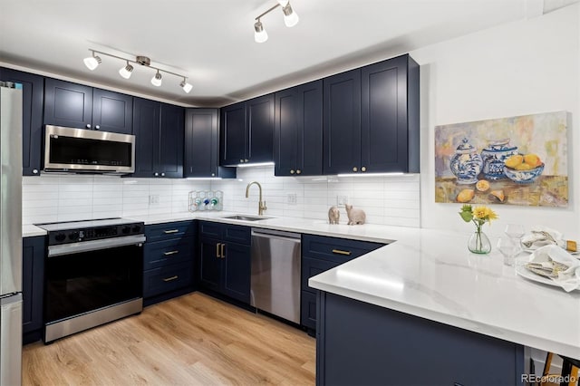 kitchen with backsplash, light hardwood / wood-style floors, sink, and appliances with stainless steel finishes