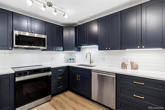 kitchen with backsplash, stainless steel appliances, light hardwood / wood-style flooring, and sink