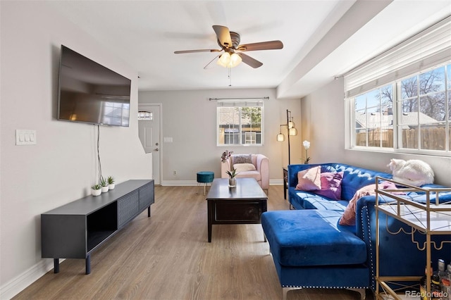 1343 Valentia St, Denver, CO 80220 - living room featuring wood finished floors, ceiling fan, and baseboards