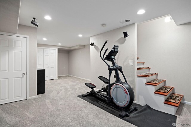 1343 Valentia St, Denver, CO 80220 - exercise room featuring carpet flooring, recessed lighting, and baseboards
