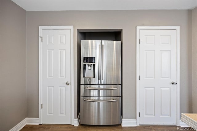 1343 Valentia St, Denver, CO 80220 - kitchen featuring stainless steel fridge with ice dispenser and dark wood-style floors