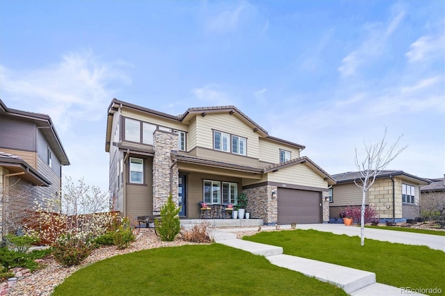 14102 Night Owl Ln, Parker, CO 80134 - craftsman-style house with a porch, stone siding, a front lawn, driveway, and a garage