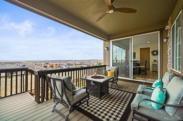 14102 Night Owl Ln, Parker, CO 80134 - wooden deck featuring an outdoor fire pit and a ceiling fan