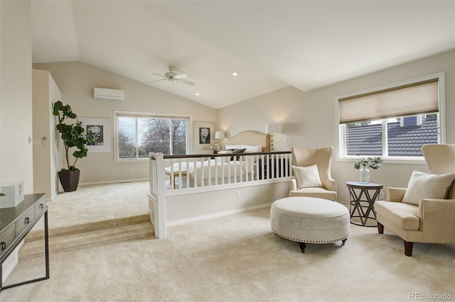 8101 E Dartmouth Ave Unit 22, Denver, CO 80231 - living area featuring a ceiling fan, lofted ceiling, carpet flooring, a wall mounted AC, and baseboards