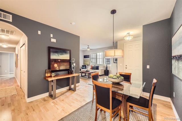 dining space featuring ceiling fan and light wood-type flooring