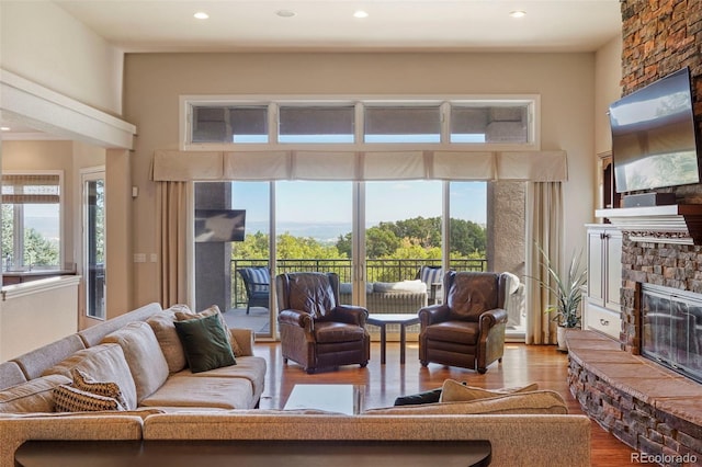 living room with a fireplace, plenty of natural light, and hardwood / wood-style floors