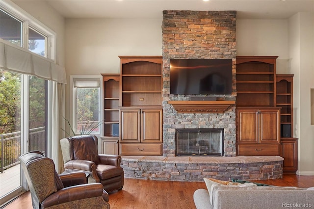 living room with hardwood / wood-style flooring and a stone fireplace