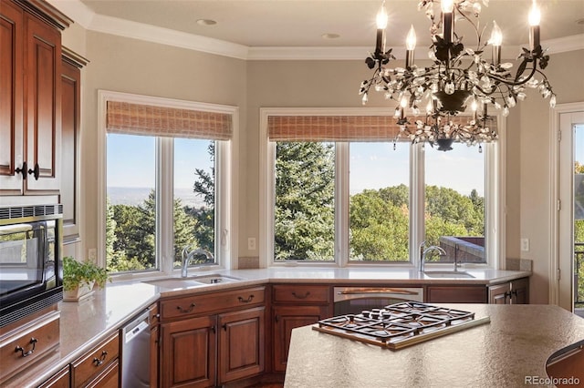 kitchen with a notable chandelier, appliances with stainless steel finishes, sink, and a wealth of natural light