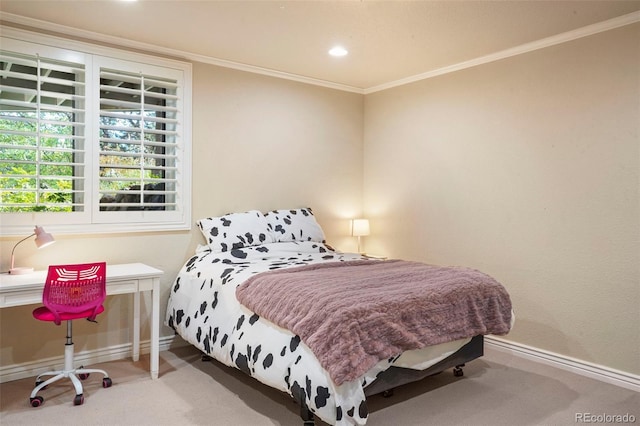 bedroom with crown molding and carpet flooring