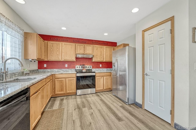 kitchen with sink, light hardwood / wood-style floors, light stone countertops, and appliances with stainless steel finishes