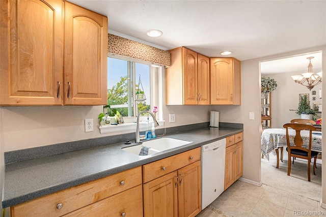 kitchen with a notable chandelier, light tile patterned flooring, dishwasher, hanging light fixtures, and sink