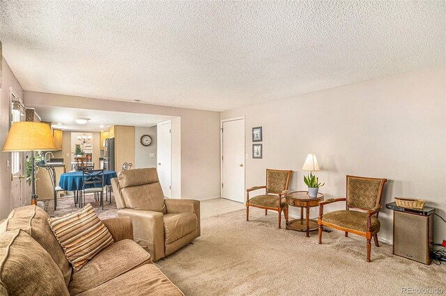 carpeted living room with a textured ceiling and sink