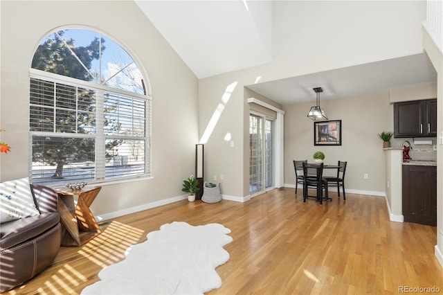 interior space with plenty of natural light, lofted ceiling, and light wood-type flooring