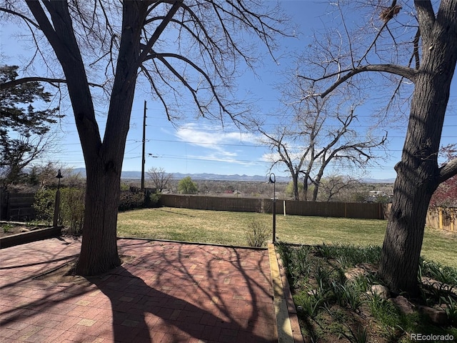 view of yard with a patio, fence, and a mountain view