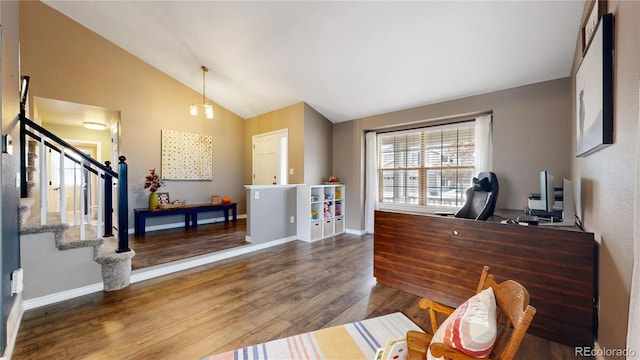 interior space featuring high vaulted ceiling and dark wood-type flooring