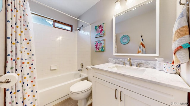 full bathroom featuring vanity, toilet, and shower / bathtub combination with curtain