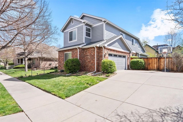view of front of property with fence, an attached garage, brick siding, a front yard, and driveway