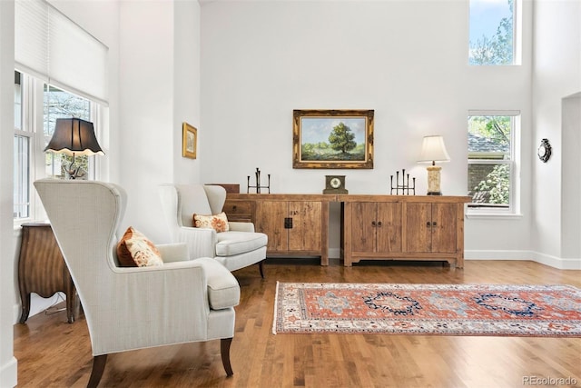 living area with baseboards, wood finished floors, and a towering ceiling
