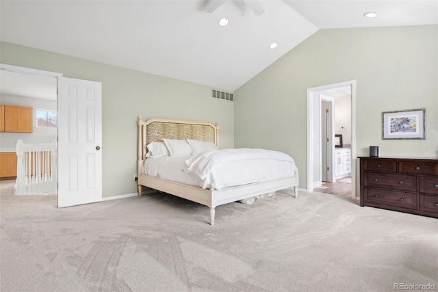 bedroom with recessed lighting, visible vents, light carpet, and vaulted ceiling
