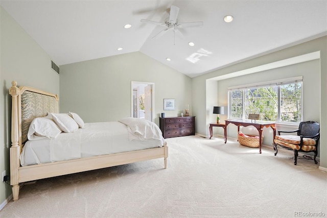 bedroom featuring carpet, recessed lighting, baseboards, lofted ceiling, and visible vents
