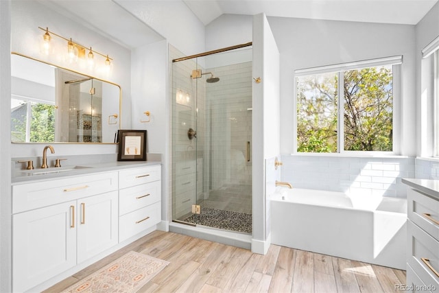 bathroom featuring vanity, wood finished floors, lofted ceiling, and a shower stall