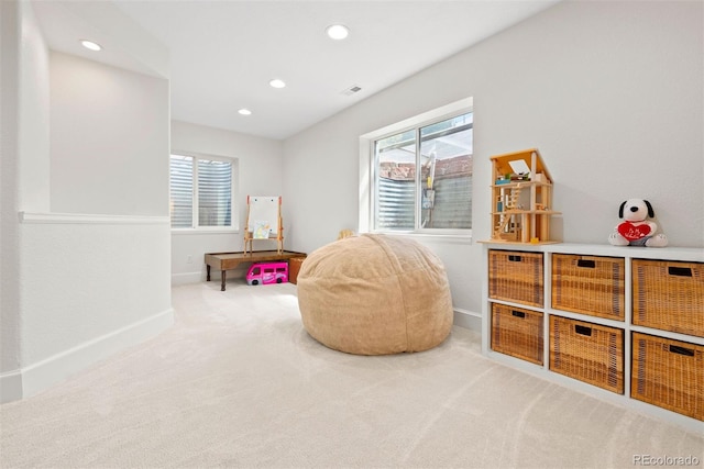 game room with carpet flooring, recessed lighting, and baseboards