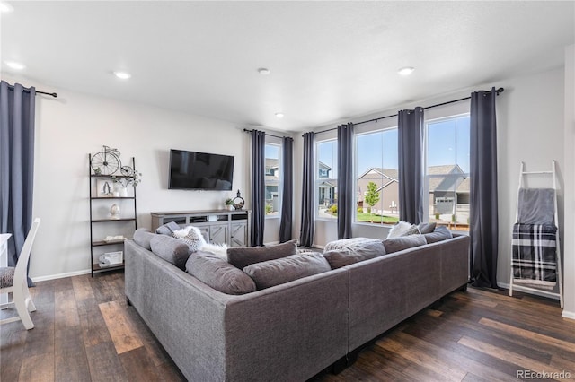 living room featuring dark wood-type flooring